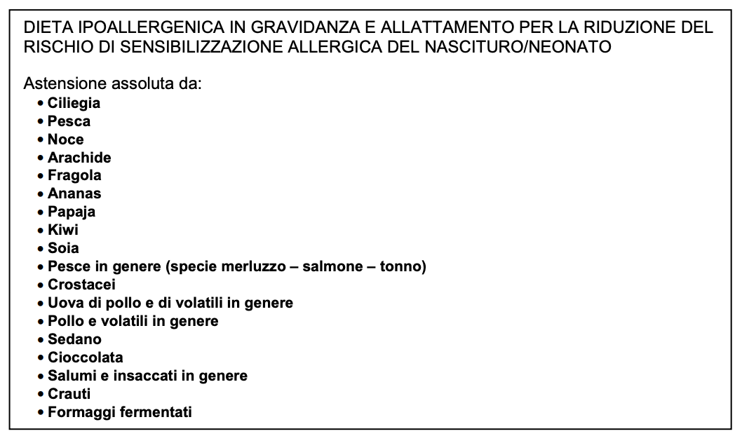 Dieta ipoallergenica in gravidanza e allattamento per la riduzione del rischio di sensibilizzazione allergica del Nascituro Neonato